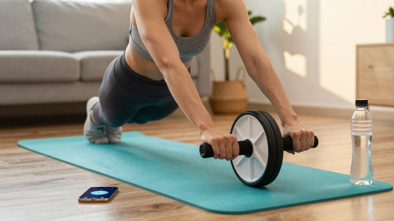 Mulher fazendo exercício com roda de abdominal em tapete azul na sala com garrafa de água e celular.