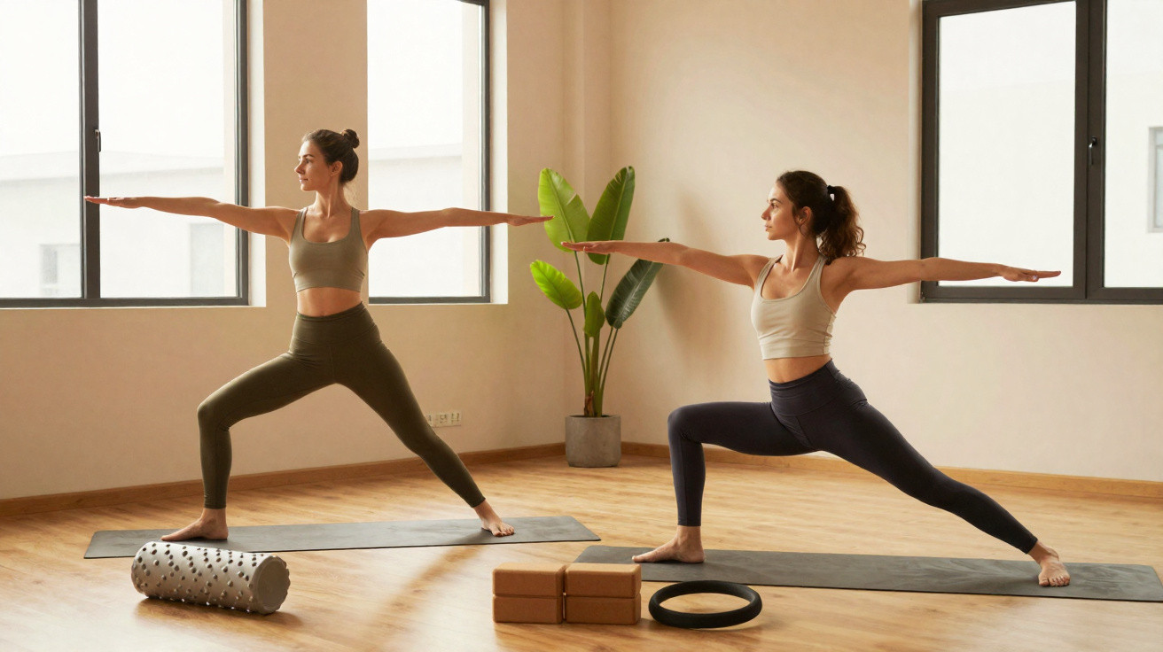 Duas mulheres praticando yoga na postura guerreiro em sala iluminada com planta e acessórios de yoga.