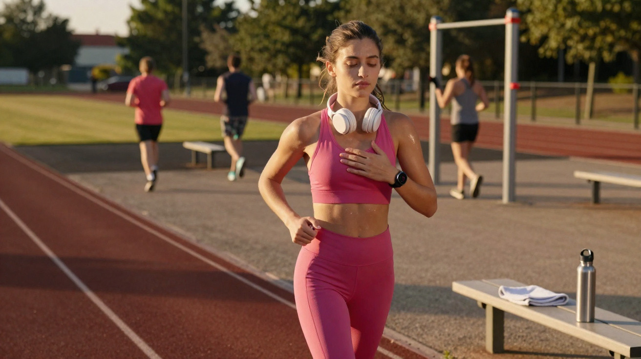 Mulher jovem correndo na pista de atletismo ao ar livre com fones de ouvido e roupa esportiva rosa.