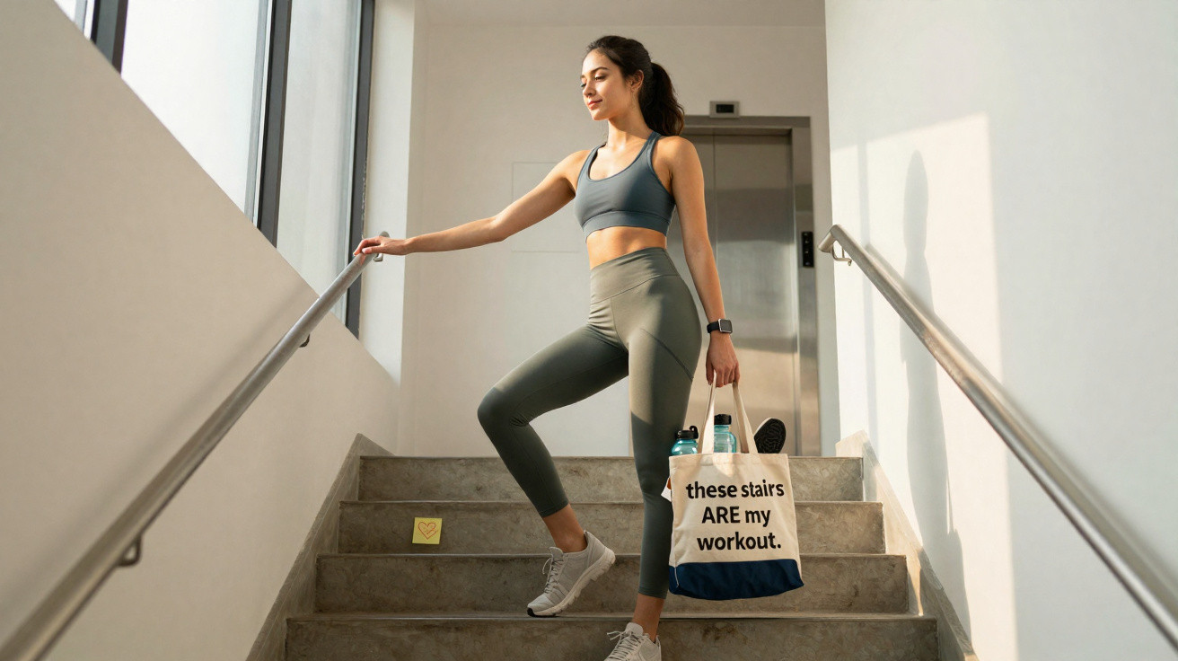 Mulher em roupa esportiva sobe escada segurando bolsa com frase em inglês sobre exercício.