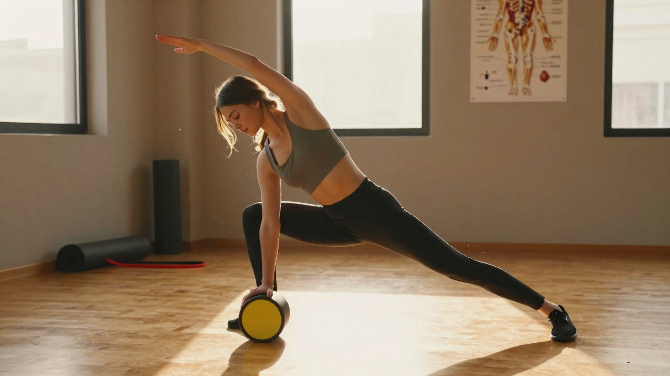 Mulher praticando alongamento com rolo de espuma em estúdio de pilates com luz natural.