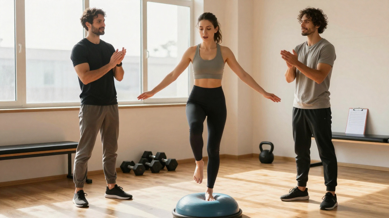 Mulher faz exercício de equilíbrio em aparelho Bosu enquanto dois homens a aplaudem em academia iluminada.