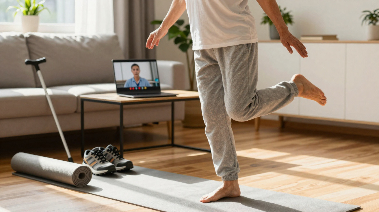 Pessoa fazendo exercício físico em casa com acompanhamento virtual, ao lado de tapete, tênis e muleta.