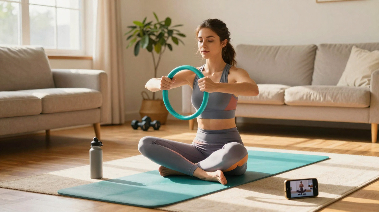Mulher fazendo exercícios com anel de pilates em casa, sentada em tapete, com garrafa e celular ao lado.