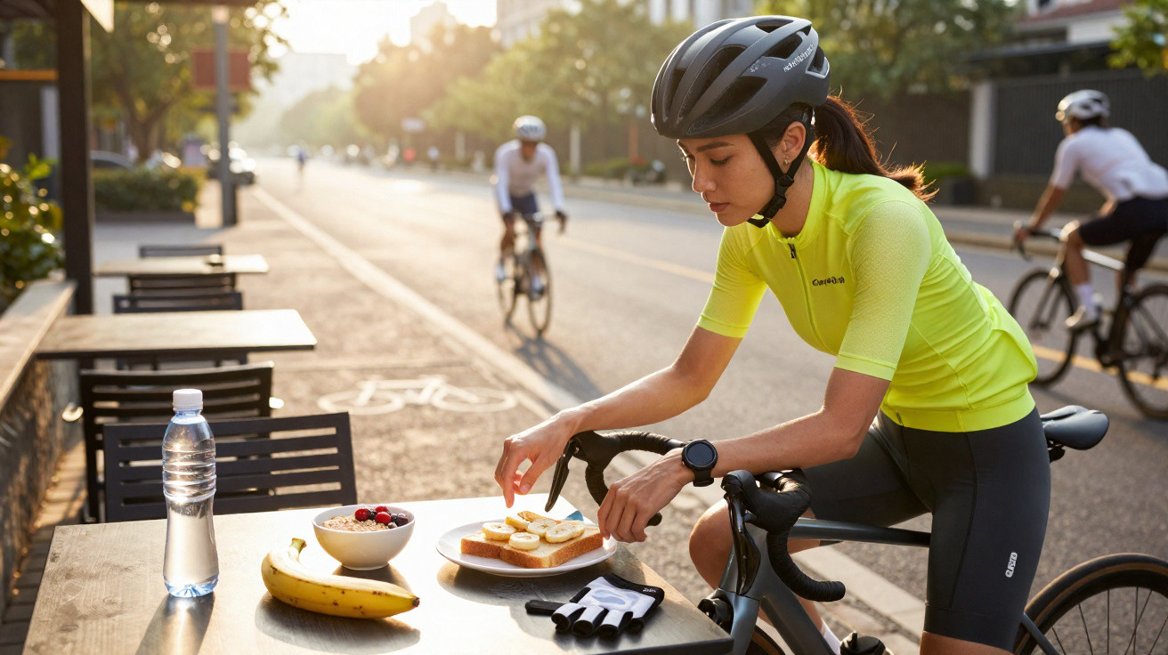 Mulher ciclista vestindo roupa amarela preparando lanche em mesa na ciclovia ao amanhecer.