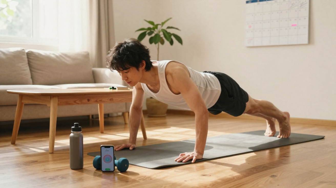Homem fazendo flexão em tapete de yoga em sala iluminada, com garrafa, halteres e celular ao lado.