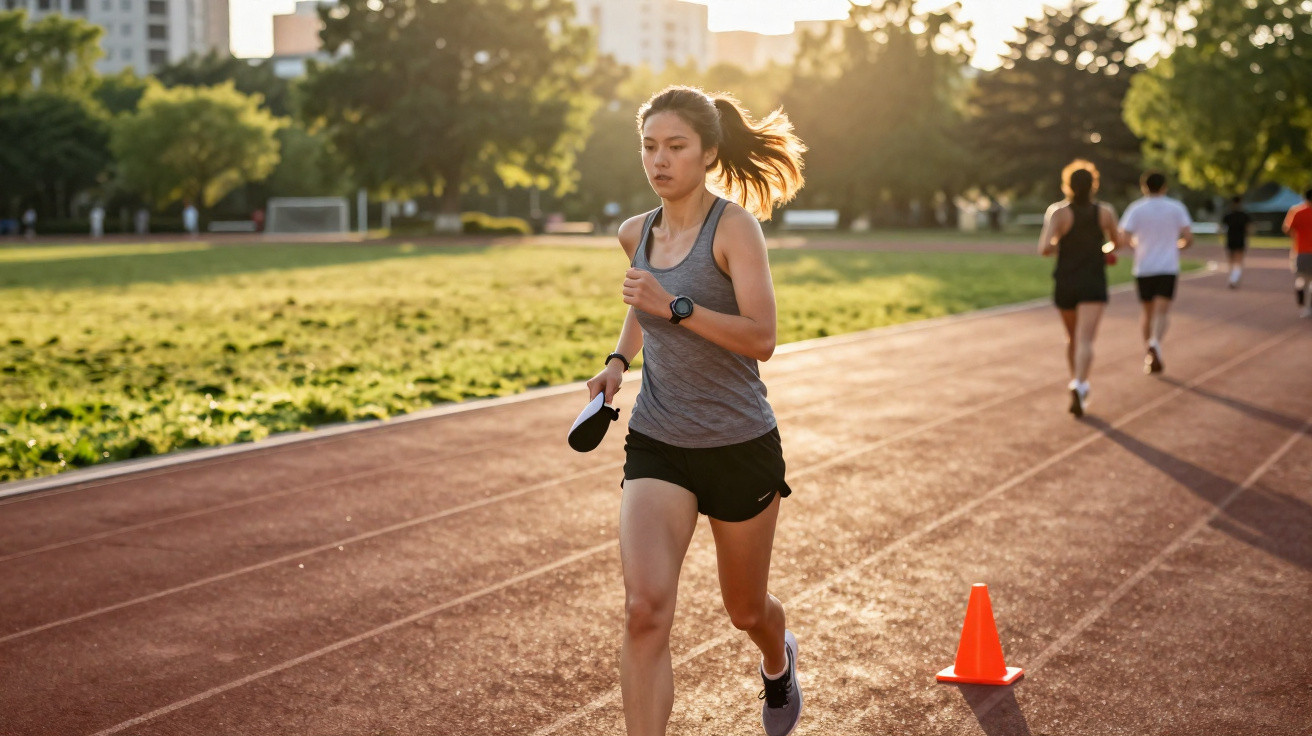 Mulher correndo em pista de atletismo ao ar livre durante o dia com outros corredores ao fundo.