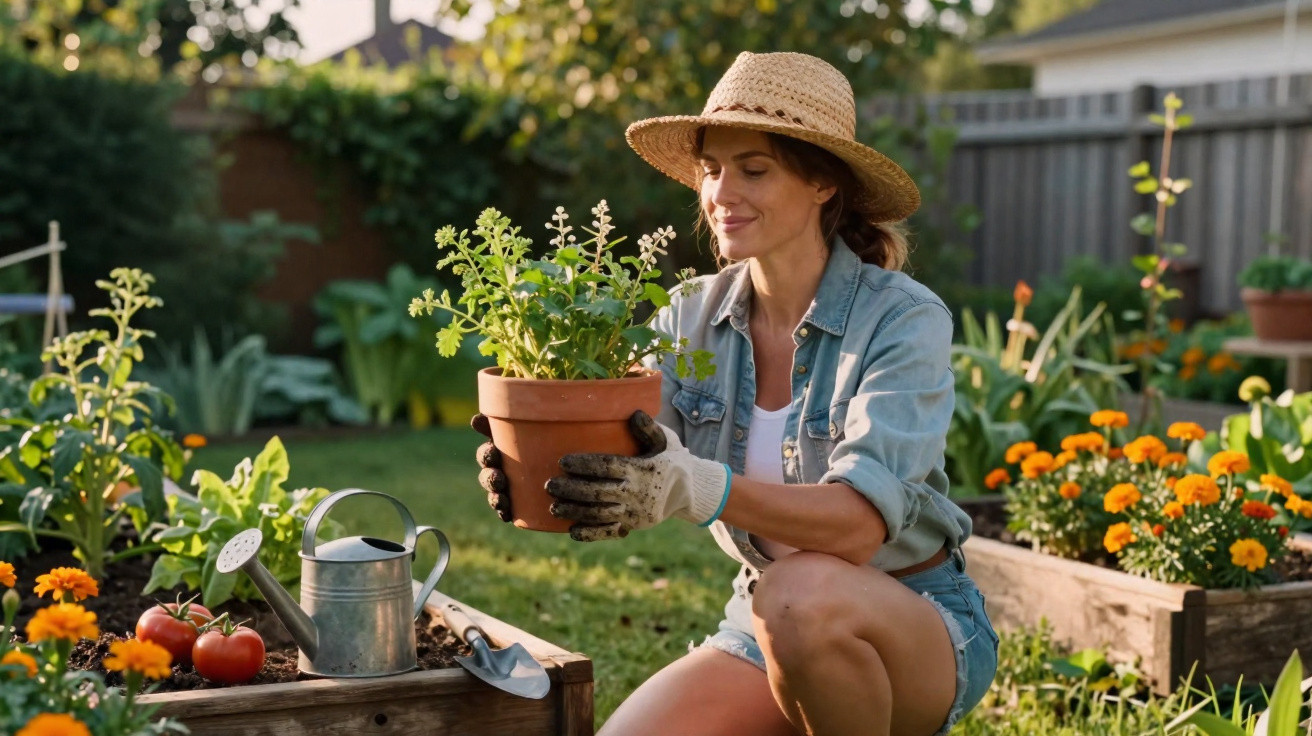 Mulher de chapéu cuidando de planta em vaso no jardim ao ar livre em dia ensolarado.