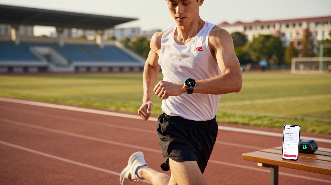 Homem correndo em pista de atletismo com relógio esportivo e celular ao lado em banco.