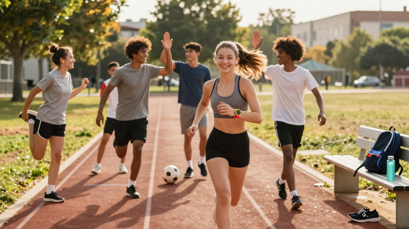 Jovens correndo e alongando em pista de atletismo ao ar livre durante dia ensolarado.