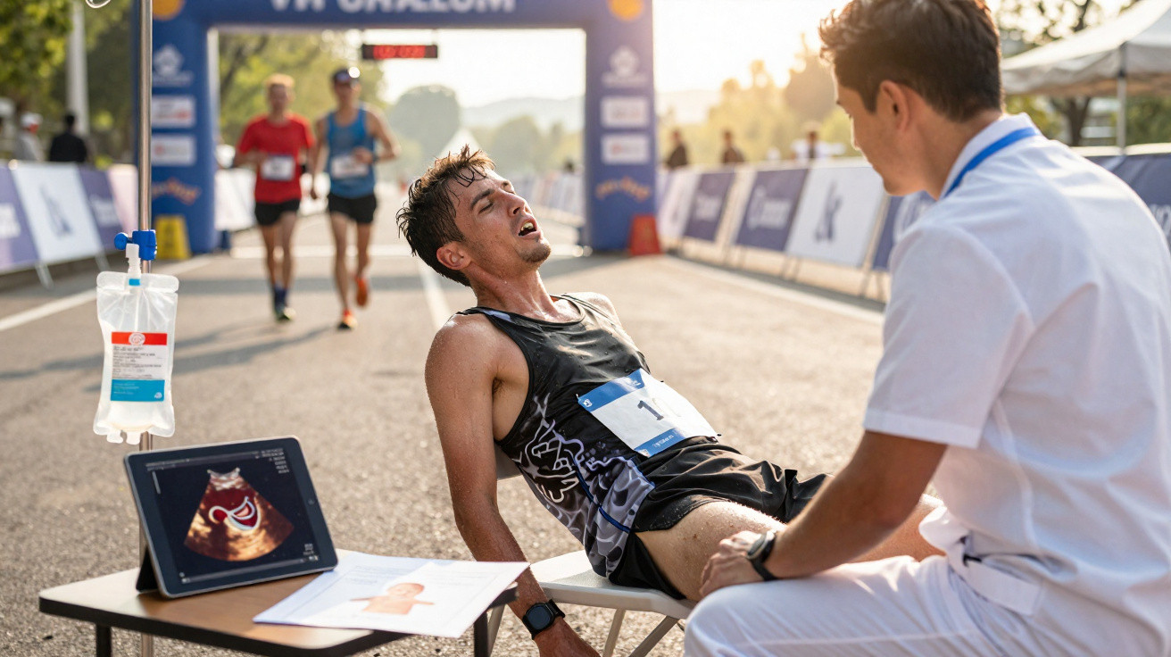 Atleta exausto recebendo atendimento médico após corrida de rua, com ultrassom e soro ao lado.
