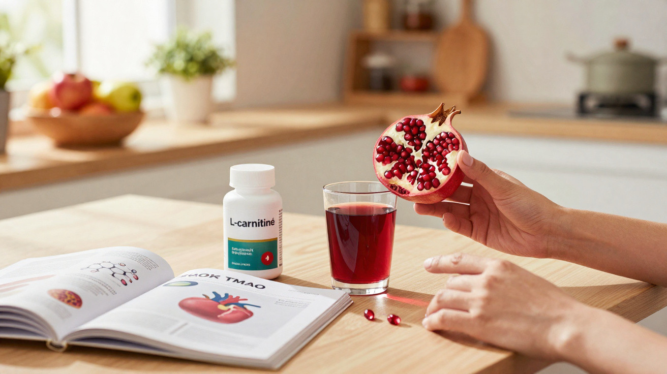 Mãos segurando romã cortada ao meio, copo de suco, suplemento L-carnitine e livro aberto em mesa.