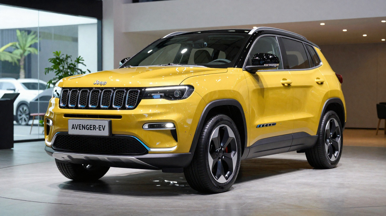 SUV elétrico Jeep Avenger EV amarelo em exposição interna, moderno e compacto.