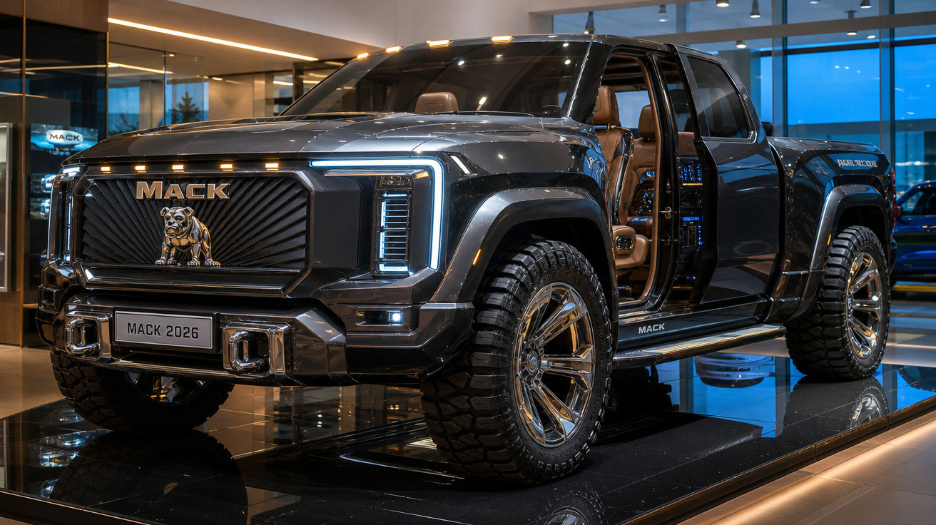 Picape preta Mack 2026 com porta dianteira aberta em showroom moderno iluminado.