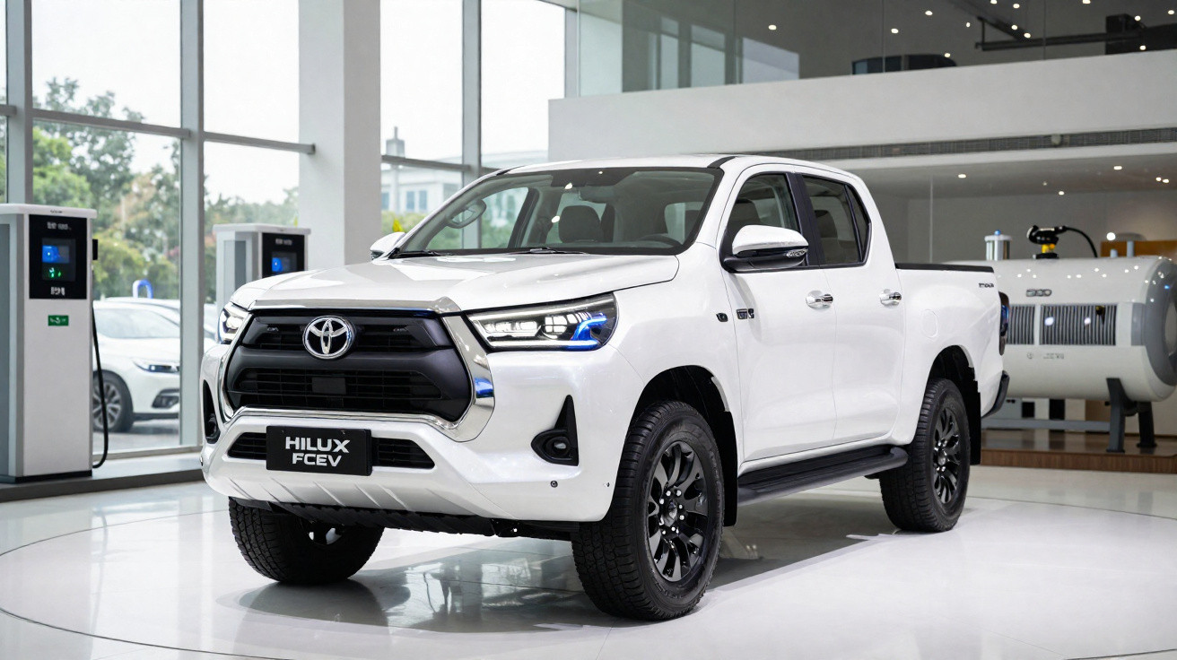 Picape Toyota Hilux FCEV branca exibida em showroom moderno com carregadores elétricos ao fundo.