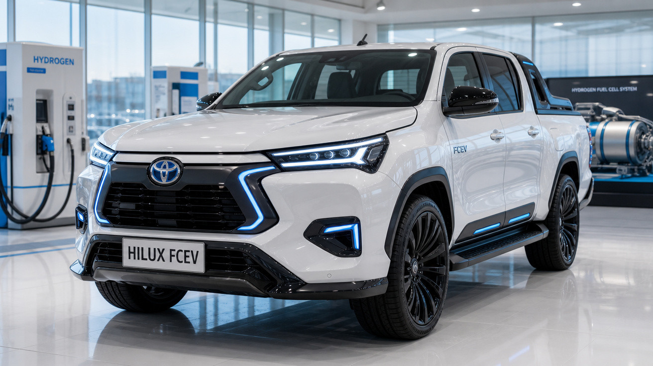 Picape Toyota Hilux FCEV branca exibida em showroom moderno com sistema de abastecimento de hidrogênio ao fundo.