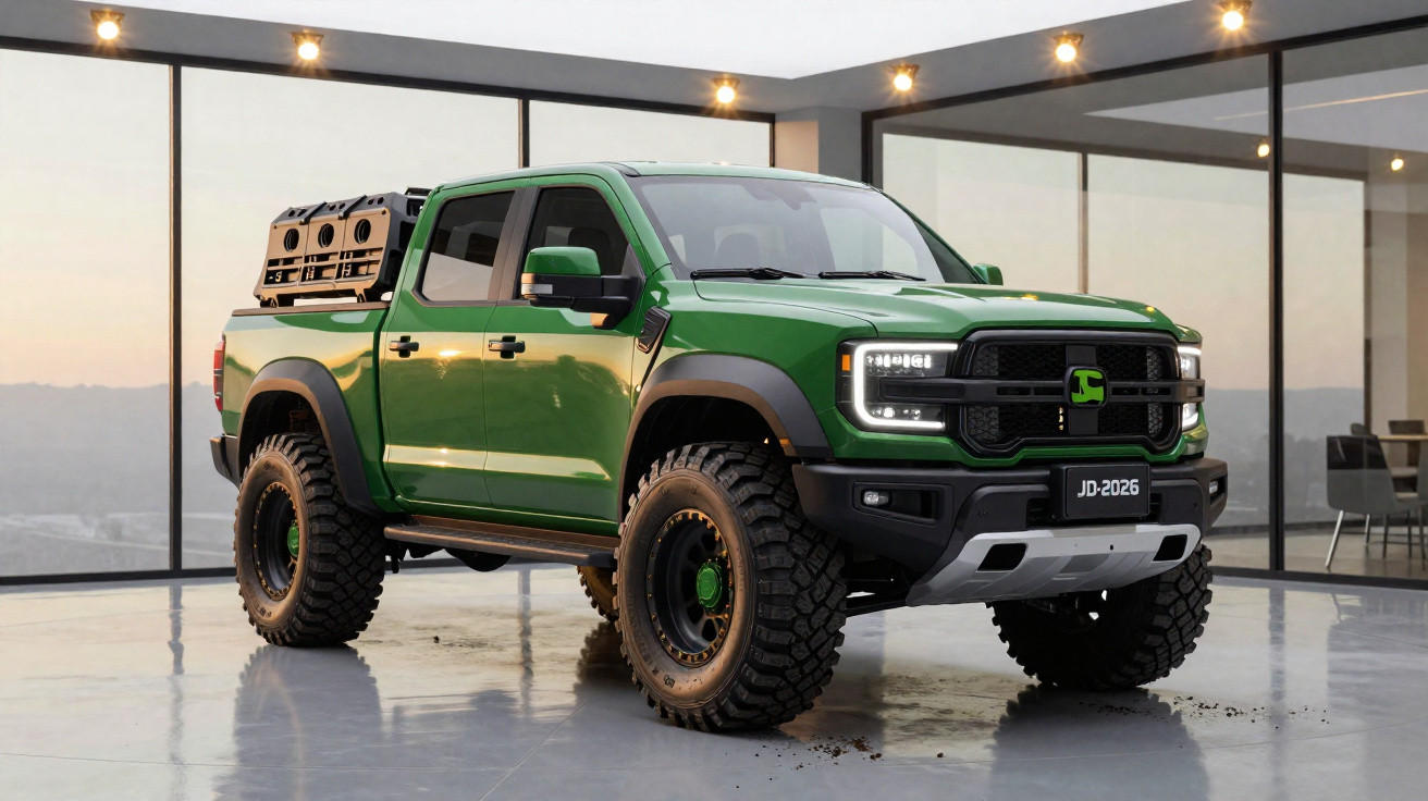Picape verde robusta estacionada em garagem com pneus grandes e acessórios off-road.
