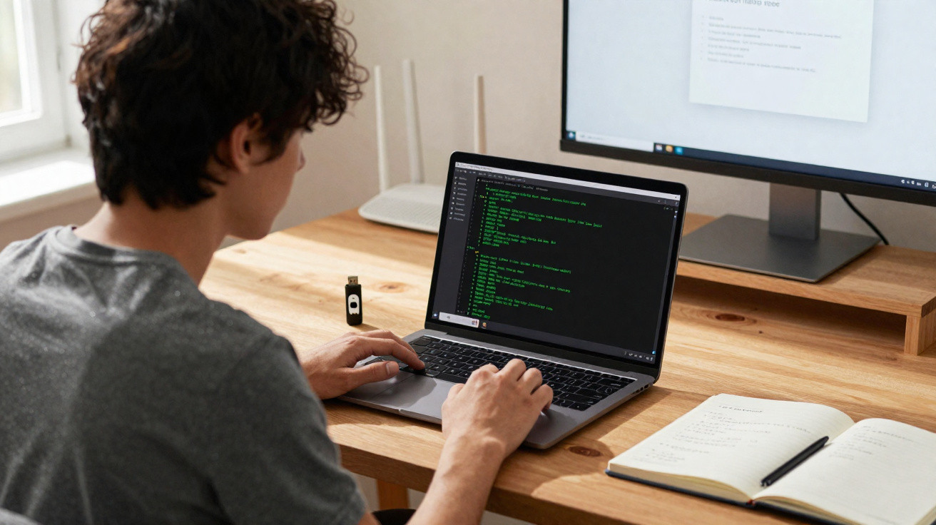 Pessoa sentada em mesa trabalhando em laptop com código e notebook aberto ao lado.