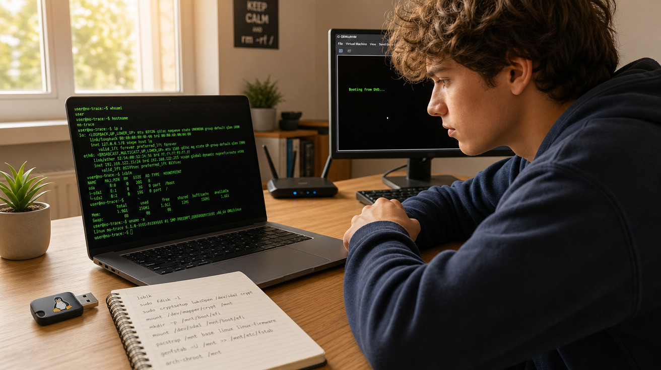 Jovem concentrado programando em notebook com código Linux, anotações e segundo monitor em mesa organizada.