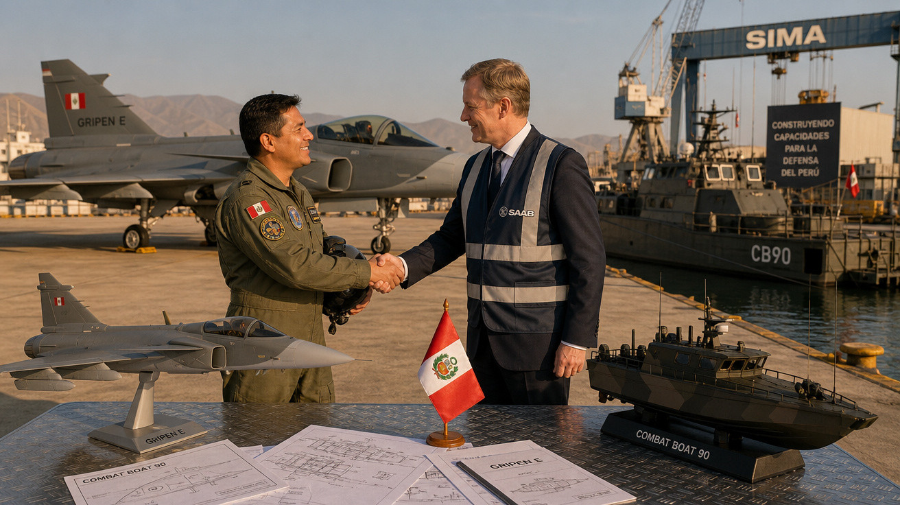 Dois homens apertam as mãos em um porto, com modelos de navio e avião e a bandeira do Peru na mesa.