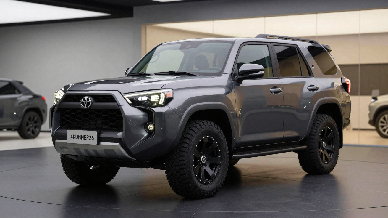 SUV Toyota 4Runner cinza estacionado em ambiente interno com pneus off-road e detalhes pretos.