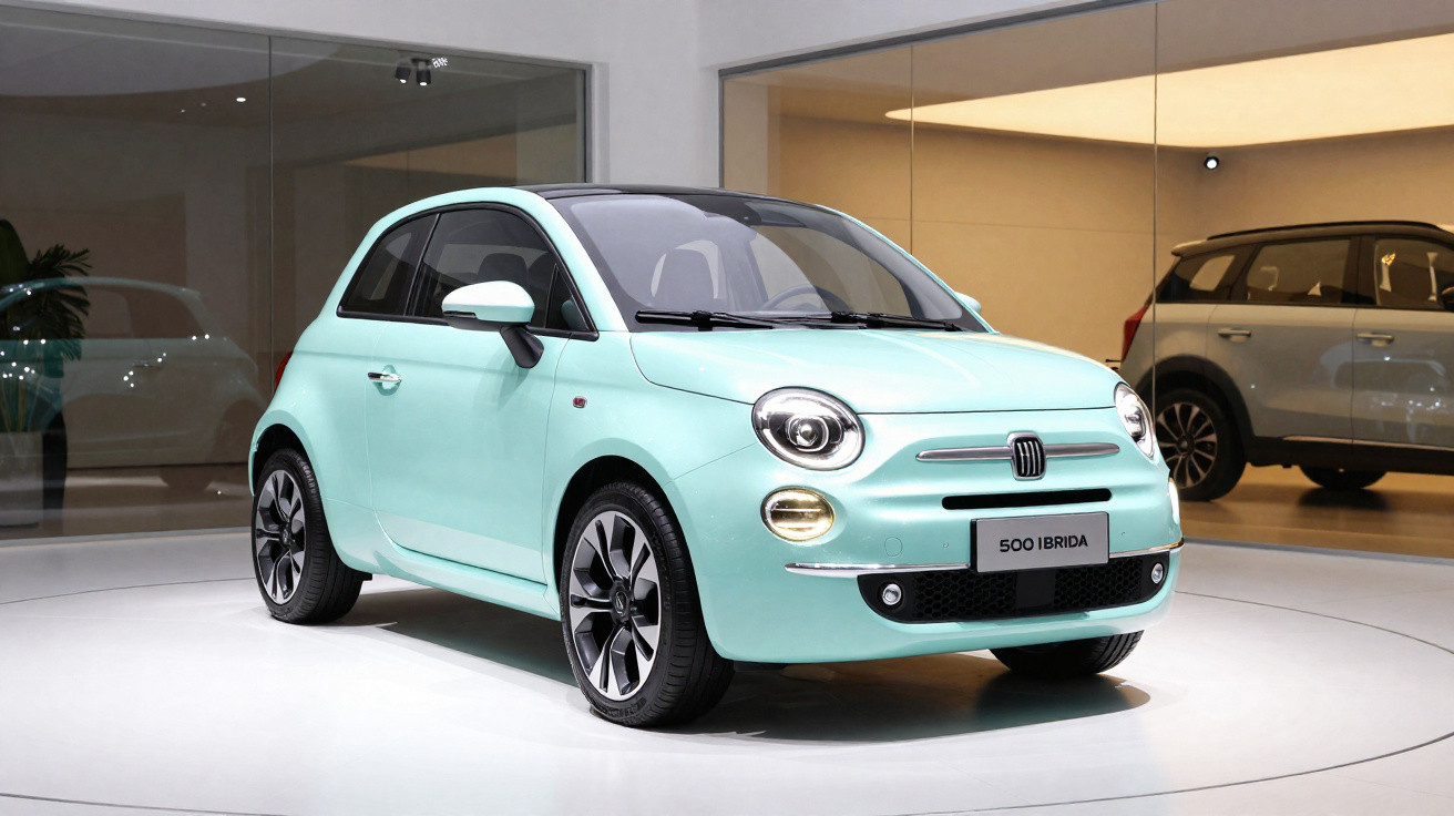 Carro Fiat 500 Ibrida azul claro exibido em ambiente interno com dois faróis redondos e rodas pretas.