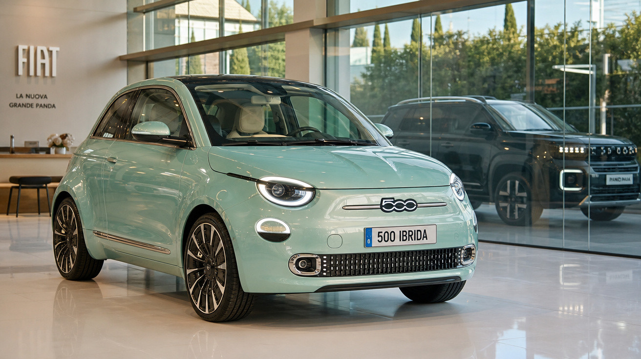 Carro elétrico Fiat 500 Ibrida verde claro exposto em showroom com vidro e outro veículo ao fundo.