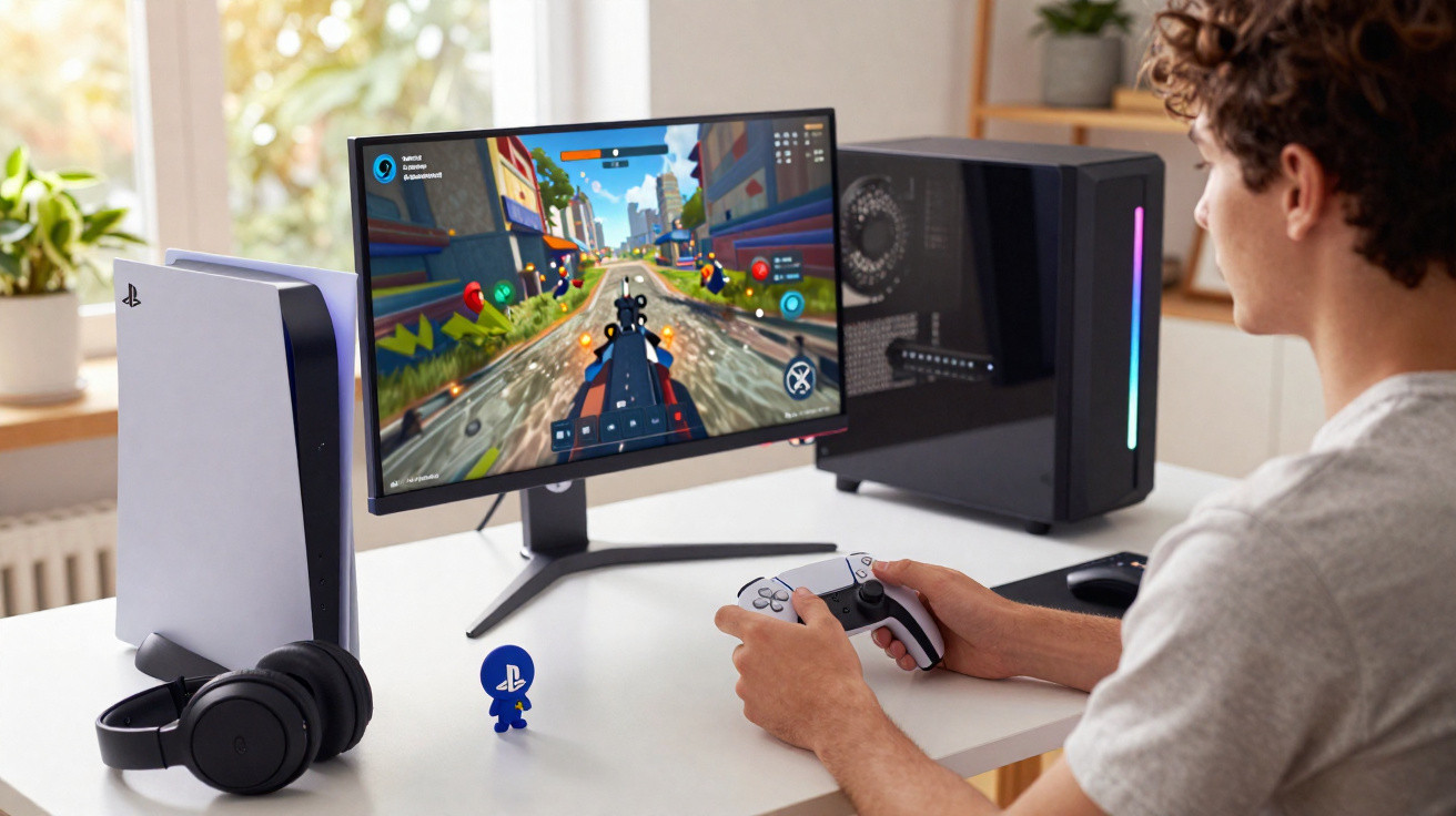Jovem jogando videogame com controle branco, monitor exibindo jogo de tiro em primeira pessoa.