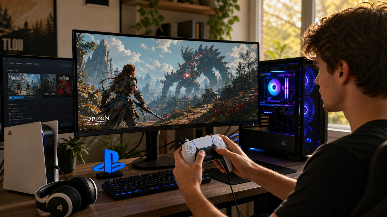 Jovem jogando Horizon Forbidden West em monitor ultrawide com controle PlayStation em ambiente iluminado.