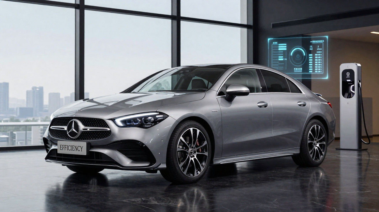 Carro elétrico Mercedes-Benz prata estacionado em ambiente interno moderno com estação de recarga.