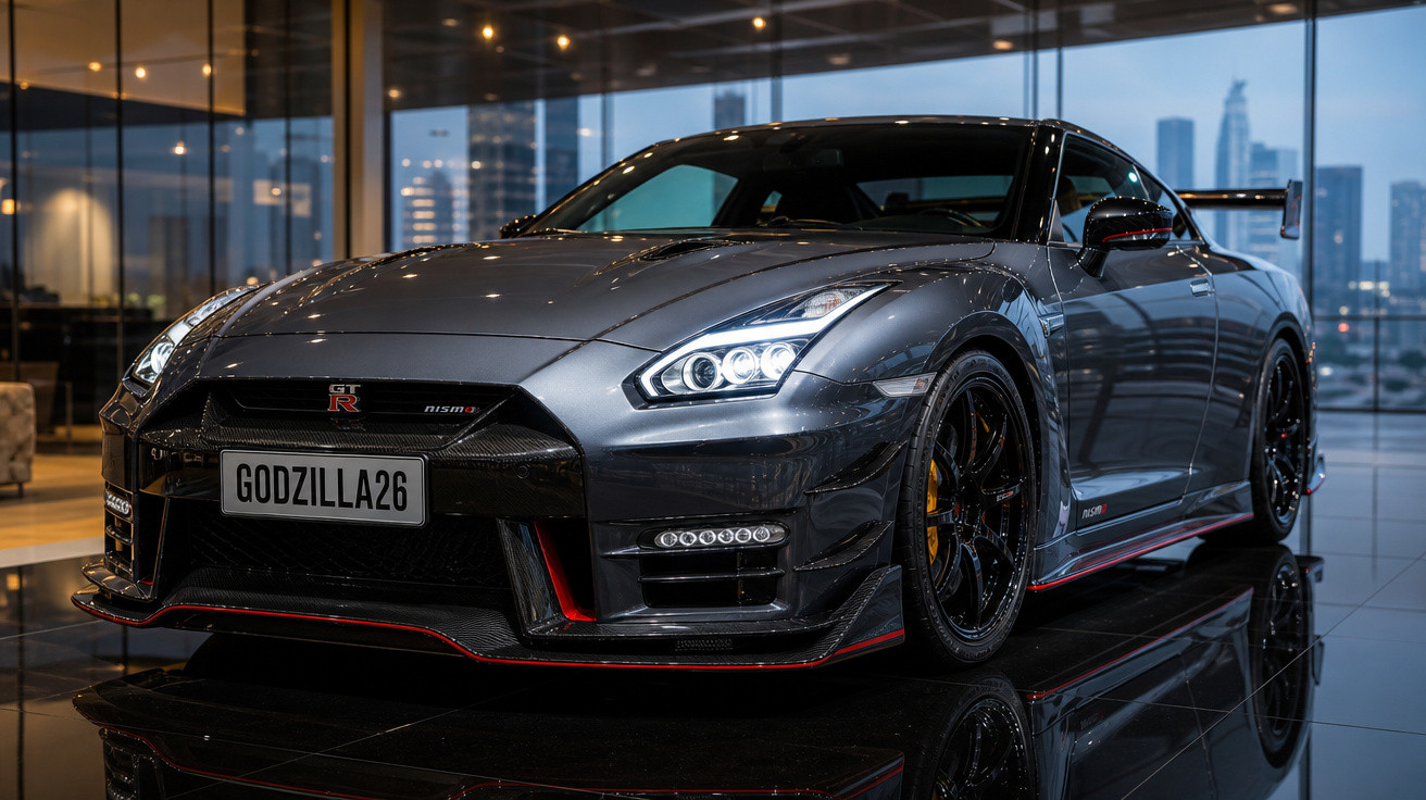 Carro esportivo Nissan GT-R Nismo preto estacionado em ambiente interno com iluminação sofisticada.
