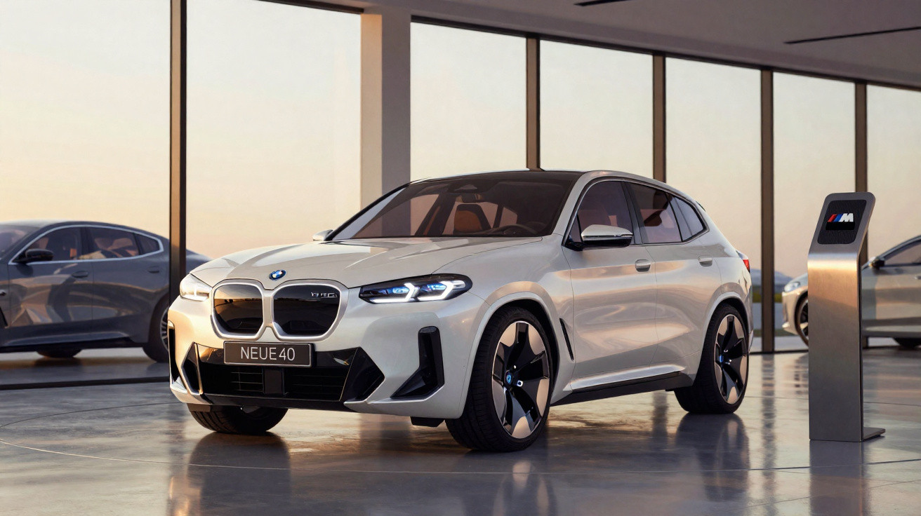 Carro BMW branco modelo Neue 40 em showroom moderno com grandes janelas e piso reflexivo.