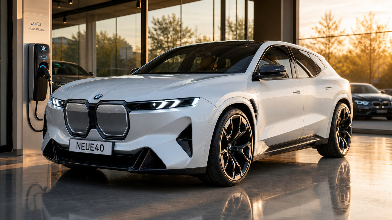 Carro elétrico BMW branco estacionado em showroom moderno com carregador conectado ao lado.