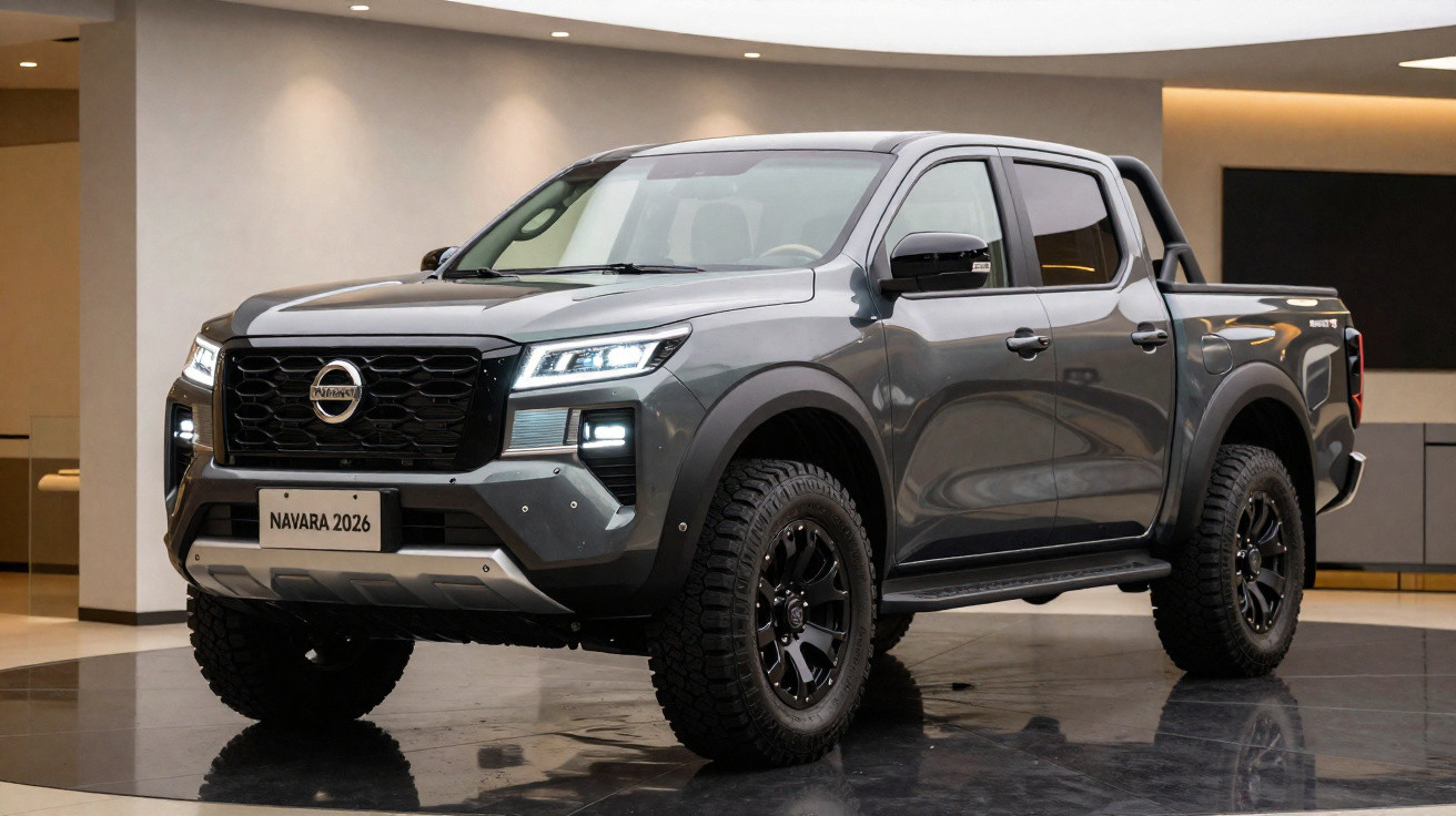 Picape Nissan Navara 2026 cinza estacionada em ambiente interno com iluminação suave.