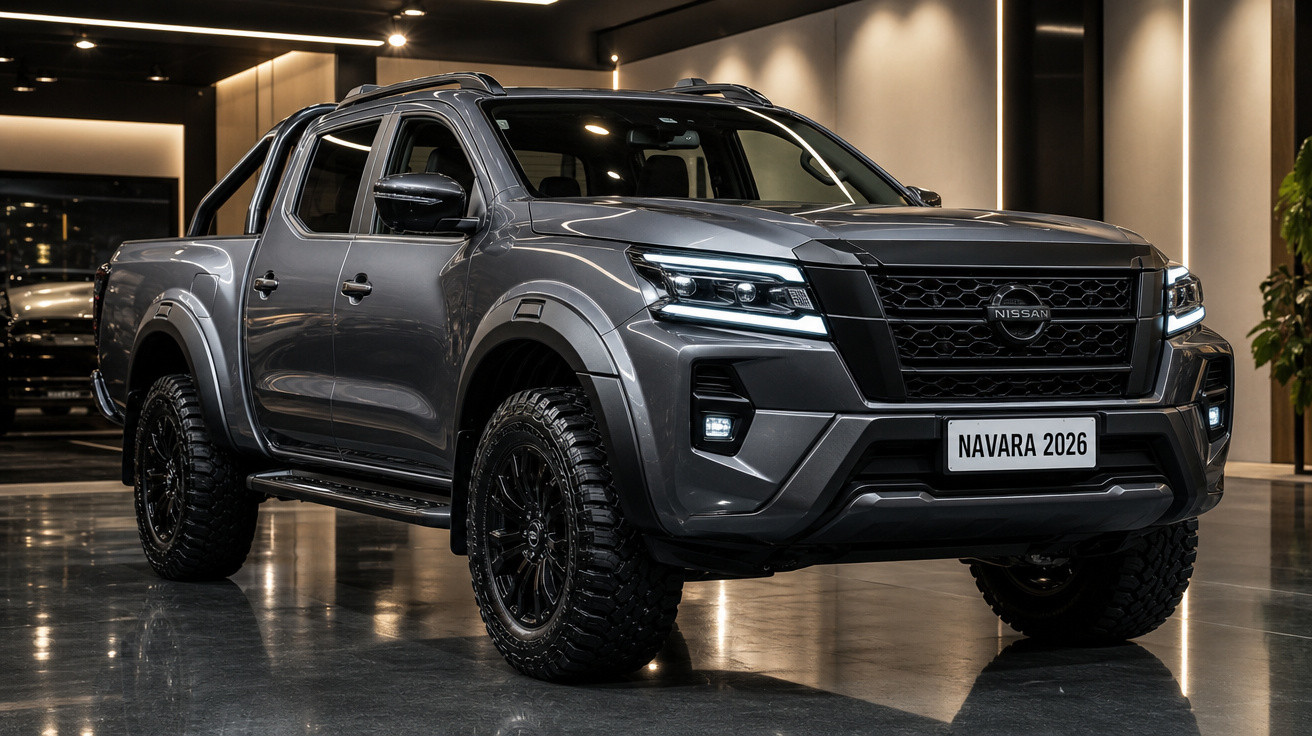 Picape Nissan Navara 2026 cinza em ambiente interno com iluminação moderna.