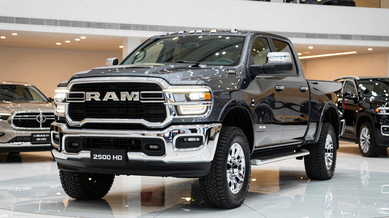 Picape preta RAM 2500 HD em showroom com acabamento cromado e rodas robustas.