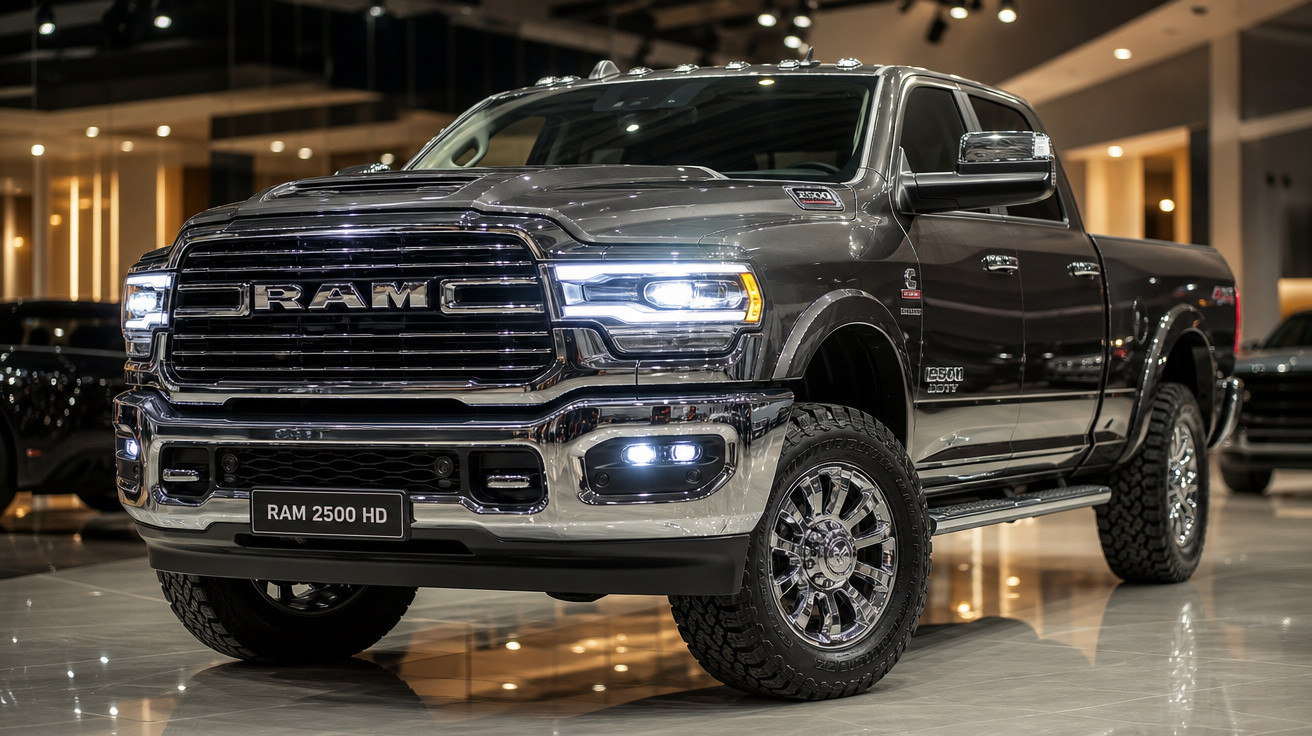 Picape RAM 2500 HD cinza exibida em showroom com faróis acesos e rodas robustas.