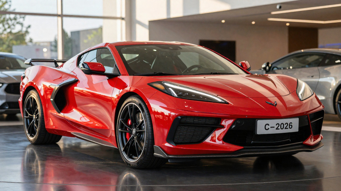 Carro esportivo vermelho com design aerodinâmico exposto em showroom moderno.