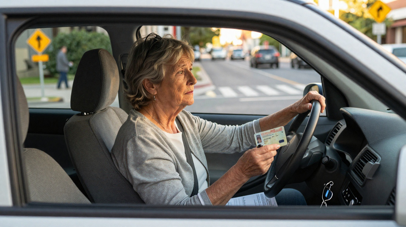Mulher idosa sentada ao volante de carro, segurando carteira de motorista e olhando para frente.