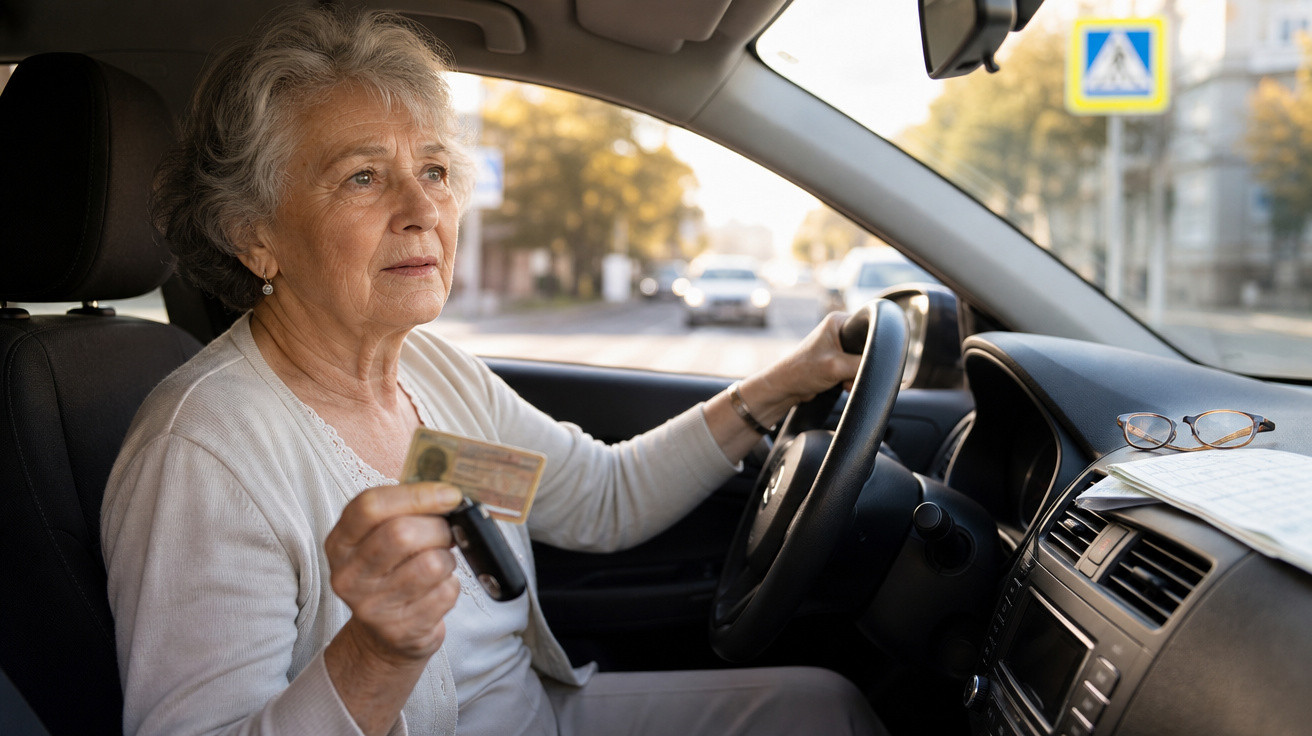 Mulher idosa dirigindo carro e segurando carteira de motorista e chave, olhando para frente na rua.