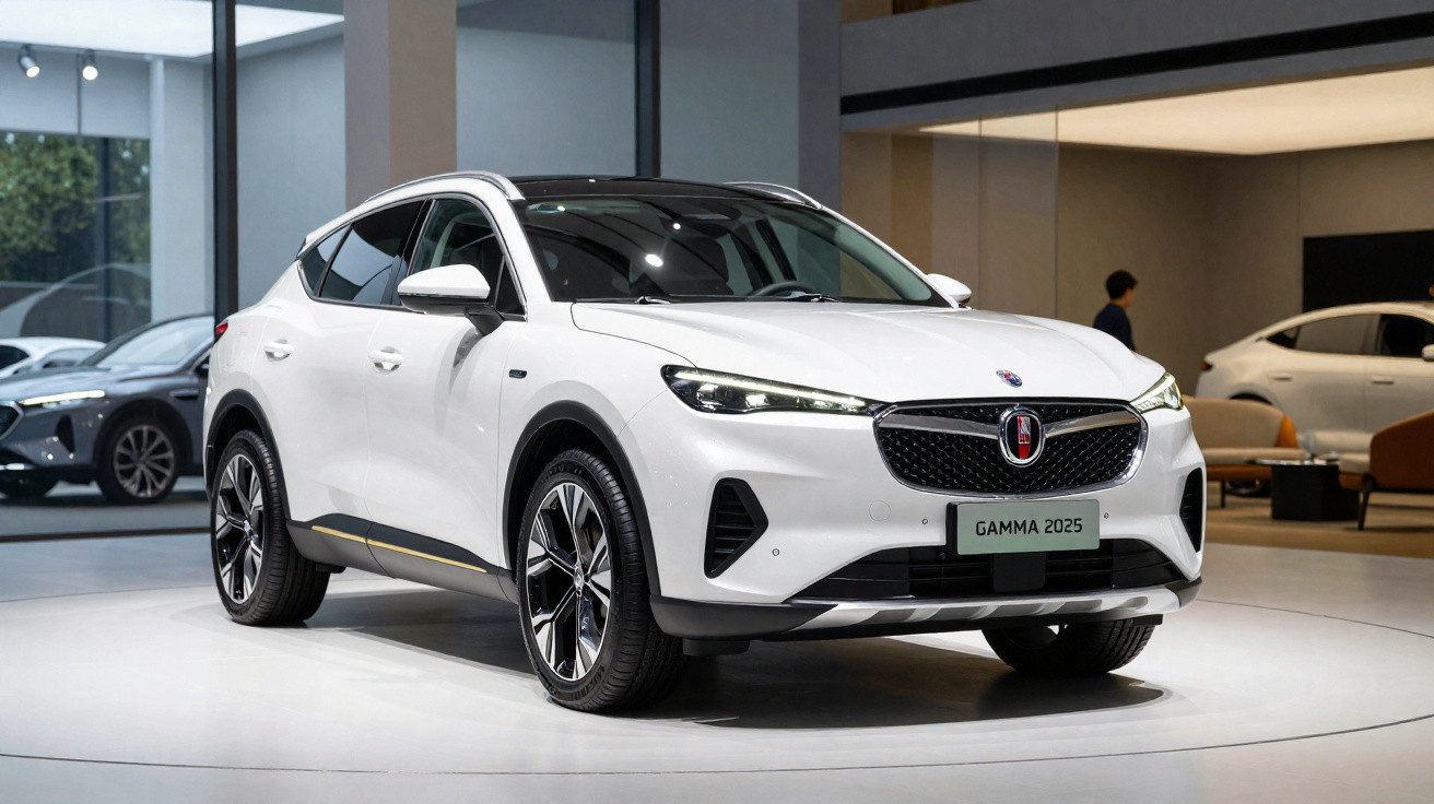 Carro SUV branco modelo Gamma 2025 exposto em ambiente interno moderno.