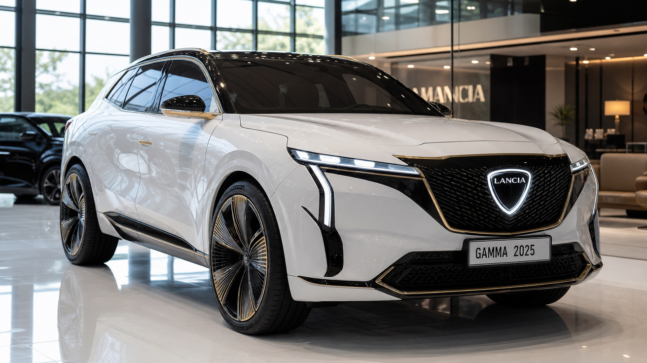 Carro elétrico branco Lancia Gamma 2025 em exposição moderna com design futurista e rodas grandes.