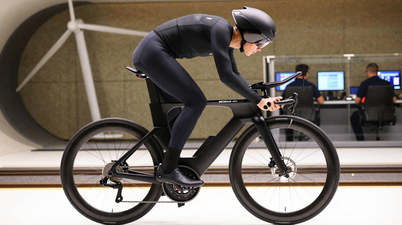 Atleta de ciclista em roupa aerodinâmica e capacete testa bicicleta preta em túnel de vento.