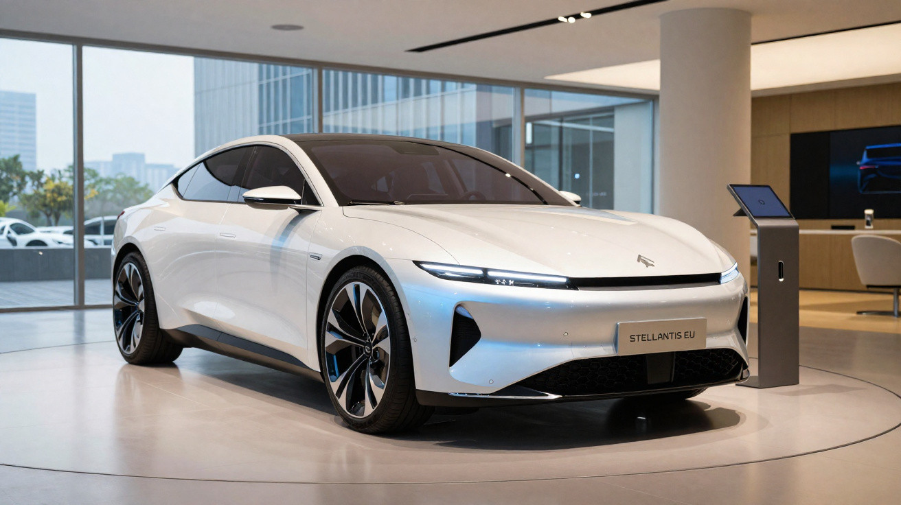 Carro elétrico branco moderno exposto em showroom com grandes janelas e piso brilhante.