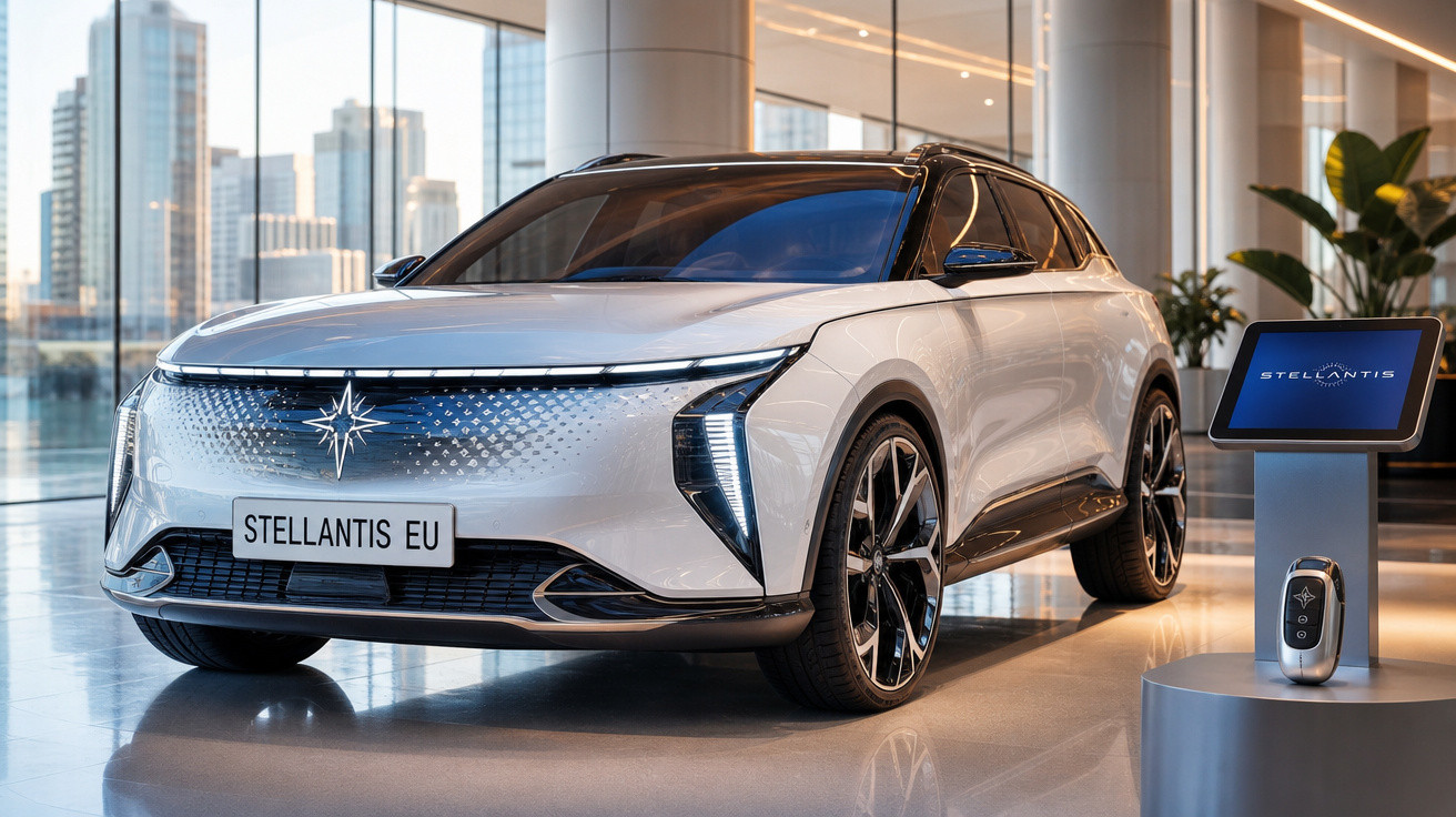 Carro elétrico branco da Stellantis em vitrine moderna com painel e chave exibidos ao lado.