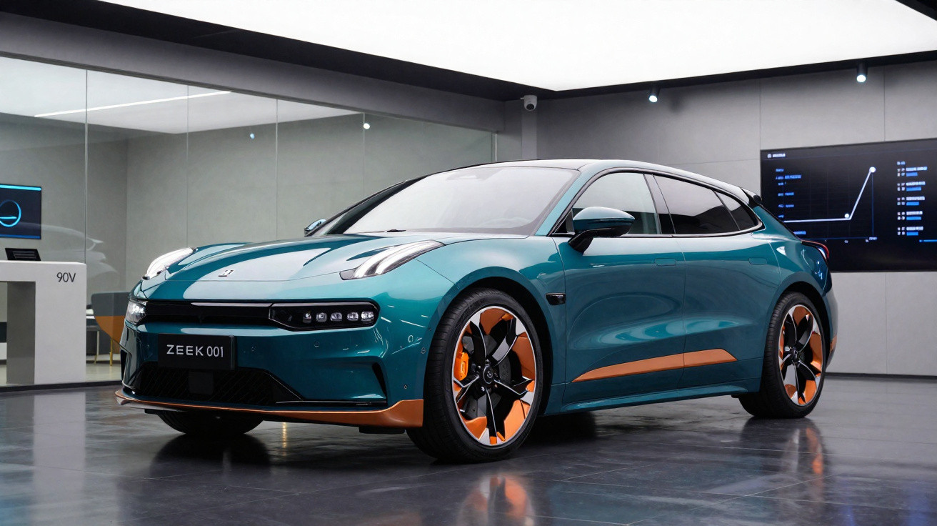 Carro elétrico esportivo azul com detalhes laranja, exposto em showroom moderno com parede de vidro.