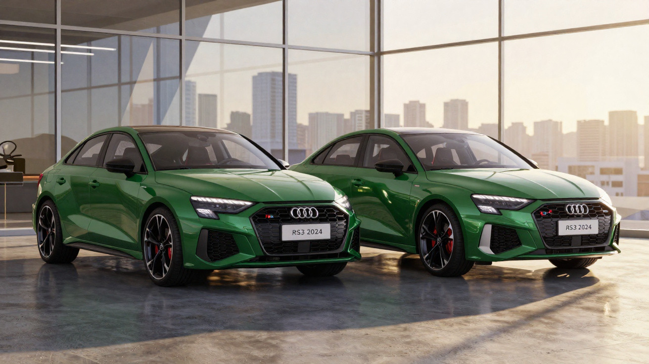 Dois carros esportivos Audi RS3 2024 verdes estacionados lado a lado em ambiente urbano moderno.