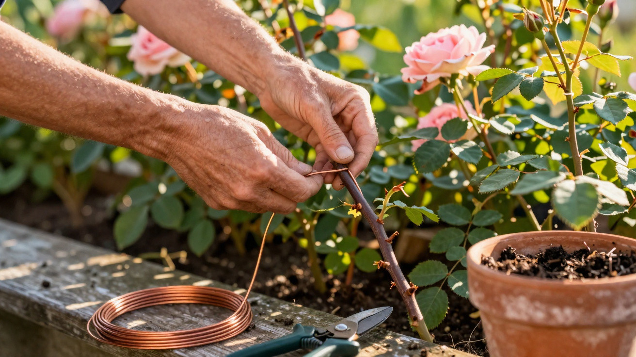 Mãos envolvendo arame em ramo de rosa, com rosas e vasos próximos em jardim ensolarado.