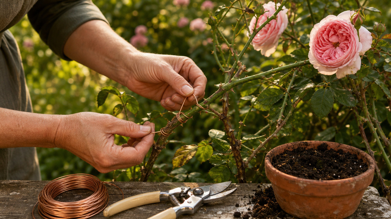 Mãos amarrando ramo de rosa com arame, tesoura de poda e vaso de barro com terra na mesa.
