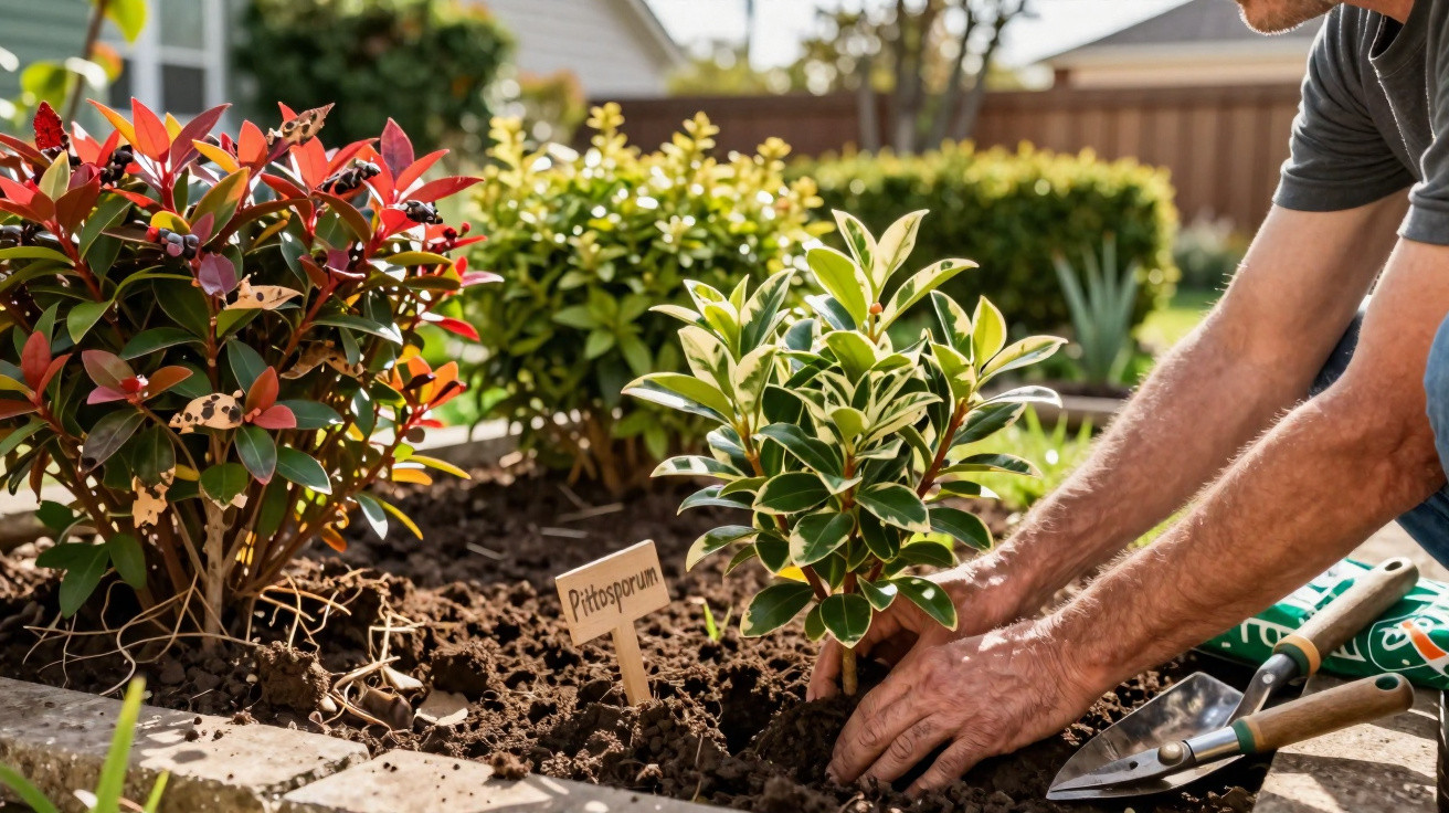 Pessoa plantando muda de Pittosporum em canteiro de jardim ensolarado, com ferramentas de jardinagem ao lado.
